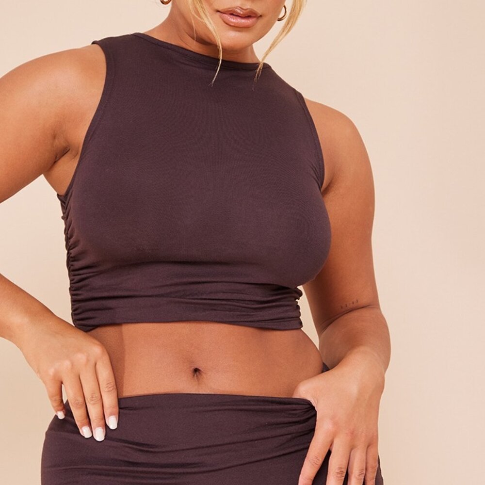 PRETTY LITTLE THING Brown Jersey Ruched Side Sleeveless Crop Top | Size …